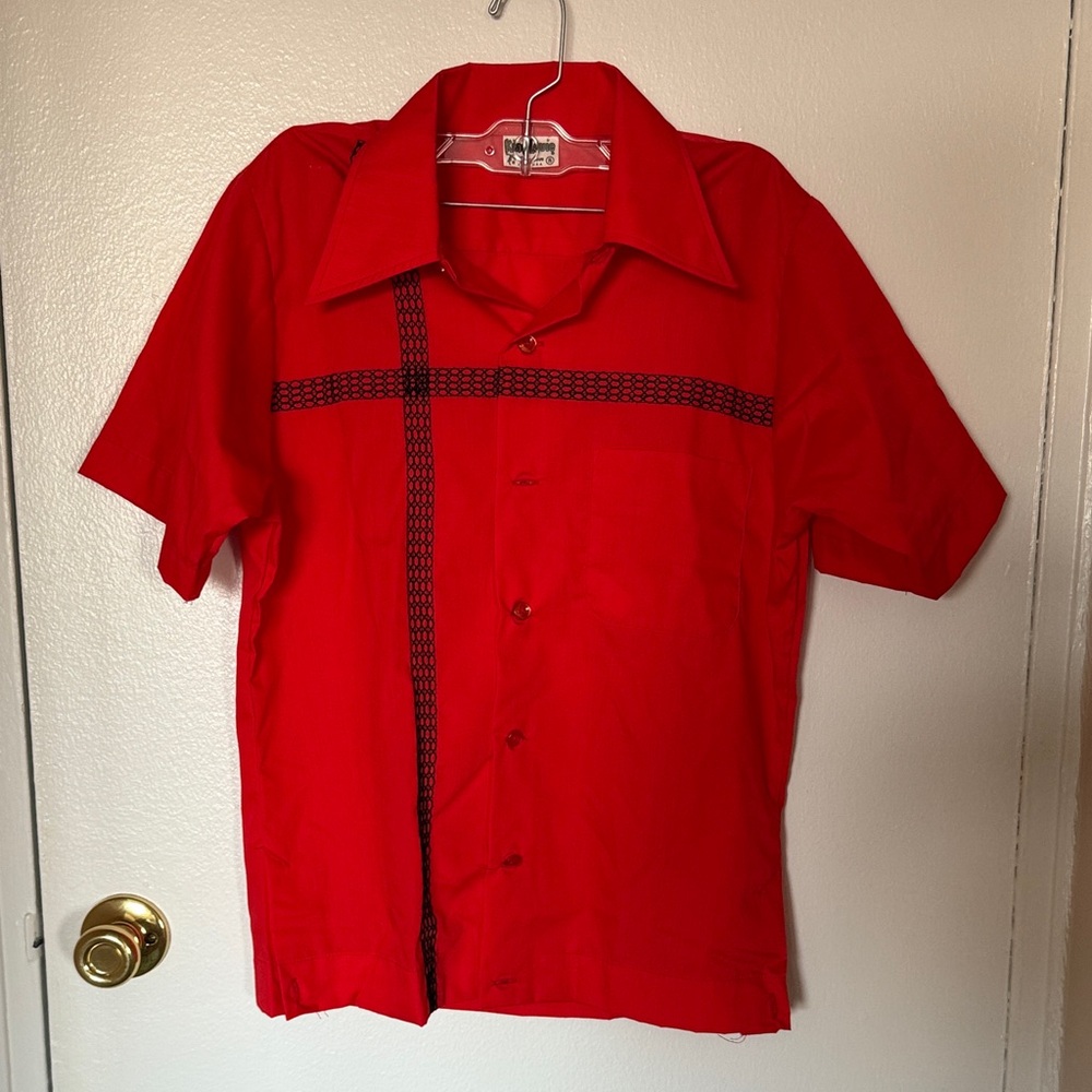 Vintage Red Men's Red Embroidered Short Sleeve Bowling Shirt